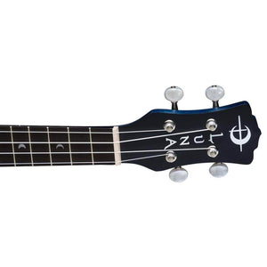 Close-up of the headstock and upper frets of the Luna Ukulele Starry Night Concert with Gig Bag, showing four tuning pegs and a circular Luna logo on the headstock.