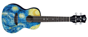 The Luna Ukulele Starry Night Concert with Gig Bag features Van Gogh-inspired blue, yellow, and white swirls on the body, a black neck and headstock, and white tuning pegs. Brand: Luna.