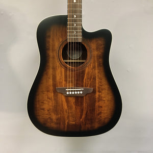 Luna Art Vintage Dreadnought Acoustic/Electric Guitar, close-up of strings and body, showcasing vintage finish and detailed craftsmanship.
