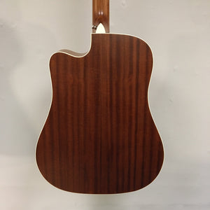 Close-up of Luna Art Vintage Dreadnought Acoustic/Electric Guitar, featuring distressed finish, open gear tuners, and pearl moon phase inlays.