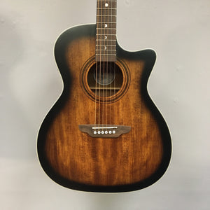 Luna Art Vintage Grand Auditorium Solid Top Cutaway A/E with mahogany body, vintage brownburst finish, and Fishman Presys II preamp system visible.