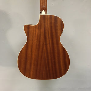 Close-up of the Luna Art Vintage Grand Auditorium Solid Top Cutaway A/E guitar highlighting its detailed craftsmanship and mahogany body.