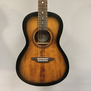 Luna Art Vintage Parlor Solid Top Acoustic-Electric Guitar with moon phase inlays and open gear tuners, showcasing a distressed vintage brownburst finish.