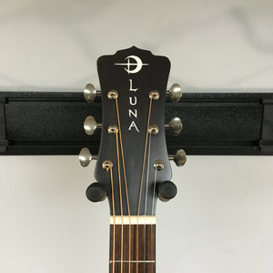 Luna Art Vintage Parlor Solid Top Distressed Vintage Brownburst guitar headstock with open gear tuners and moon phase inlays.