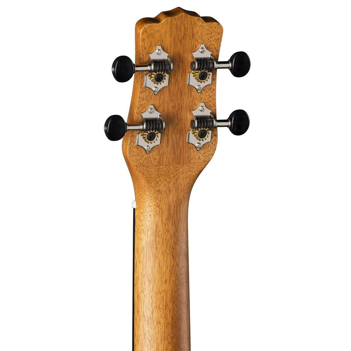 Luna Uke Vintage Mahogany Baritone w/preamp, showcasing the head, neck, and gear mechanism of the ukulele with black open gear tuners and pearl inlays.