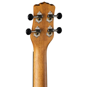 Luna Uke Vintage Mahogany Baritone w/preamp, showcasing the head, neck, and gear mechanism of the ukulele with black open gear tuners and pearl inlays.