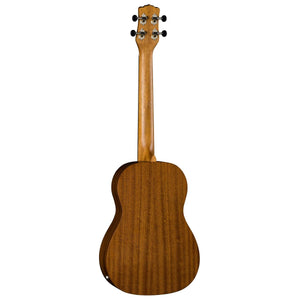 Close-up of the Luna Uke Vintage Mahogany Baritone with preamp, showcasing its traditional baritone body, walnut fretboard, and laser-etched rosette design.