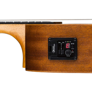 Luna Uke Vintage Mahogany Baritone with preamp, showcasing its traditional baritone body, walnut bridge, fretboard, and onboard Luna UK-T2 preamp with tuner.