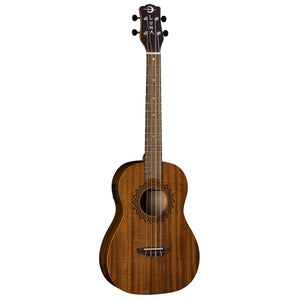 Close-up of Luna Uke Vintage Mahogany Baritone w/preamp, showcasing the traditional baritone body, walnut fretboard, and laser-etched rosette design.