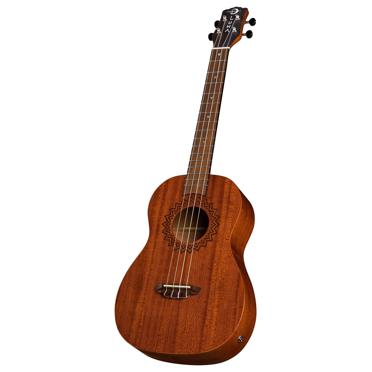 Close-up of Luna Uke Vintage Mahogany Baritone w/preamp, highlighting guitar strings and laser-etched rosette design around the sound hole.