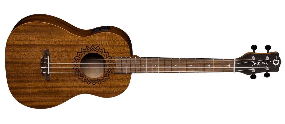 Close-up of the Luna Uke Vintage Mahogany Baritone w/preamp, showcasing strings, sound hole, and laser-etched rosette design.