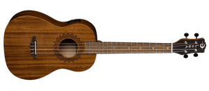 Close-up of the Luna Uke Vintage Mahogany Baritone w/preamp, showcasing strings, sound hole, and laser-etched rosette design.
