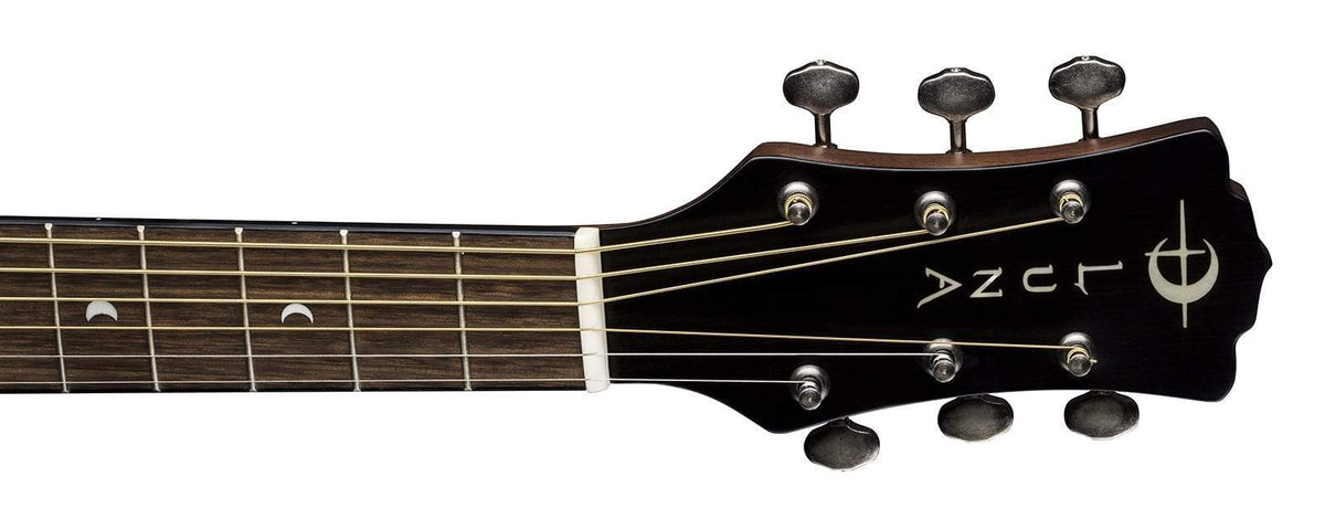 Close-up of the Luna Safari Artist Vintage Travel Guitar's headstock, showcasing open gear tuners and pearl moon phase inlays, highlighting its craftsmanship and travel-friendly design.