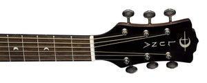 Close-up of the Luna Safari Artist Vintage Travel Guitar's headstock, showcasing open gear tuners and pearl moon phase inlays, highlighting its craftsmanship and travel-friendly design.