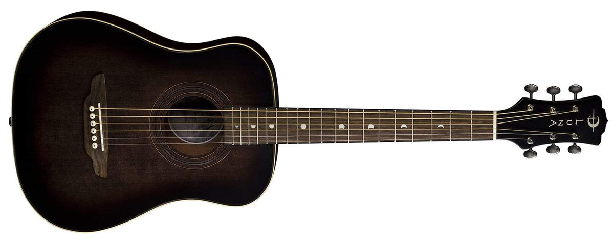 Close-up of the Luna Safari Artist Vintage Travel Guitar with Gigbag, highlighting its detailed craftsmanship, including cream binding, soundhole rosette, and brushed nickel tuners.