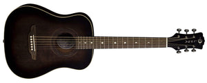 Close-up of the Luna Safari Artist Vintage Travel Guitar with Gigbag, highlighting its detailed craftsmanship, including cream binding, soundhole rosette, and brushed nickel tuners.