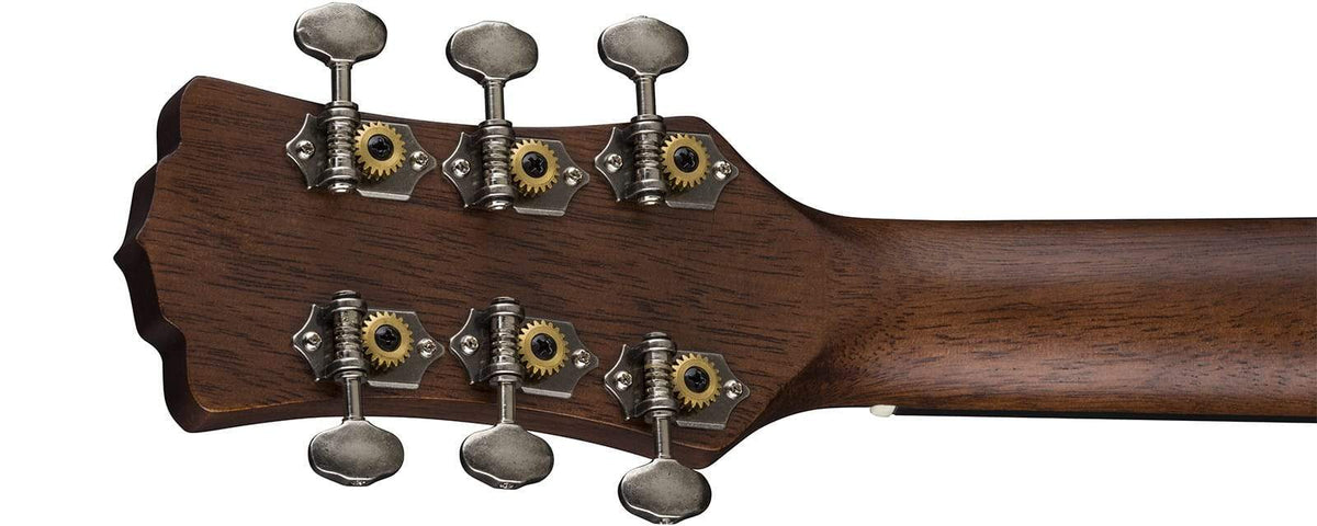 Luna Safari Artist Vintage Travel Guitar with open gear tuners, showcasing mahogany back and sides, and a brushed nickel finish.