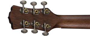 Luna Safari Artist Vintage Travel Guitar with open gear tuners, showcasing mahogany back and sides, and a brushed nickel finish.