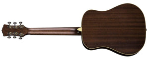 Luna Safari Artist Vintage Travel Guitar w/ Gigbag, featuring mahogany back and sides, spruce top, cream binding, open gear tuners, and pearl moon phase inlays.
