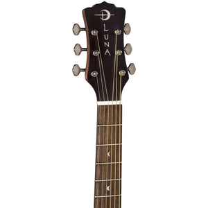 Luna Art Folk Vintage Left-Handed Acoustic Guitar, featuring a mahogany body, solid spruce top, and open gear tuners with distinctive moon phase inlays.