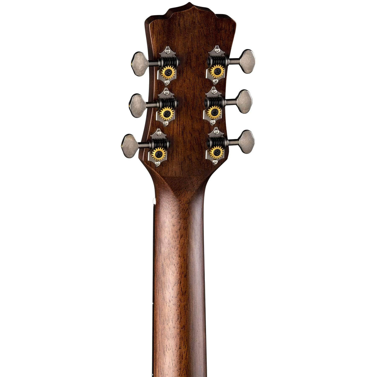 Luna Art Folk Vintage Left-Handed Acoustic Guitar, featuring distressed brownburst finish, solid spruce top, mahogany body, and open gear tuners.