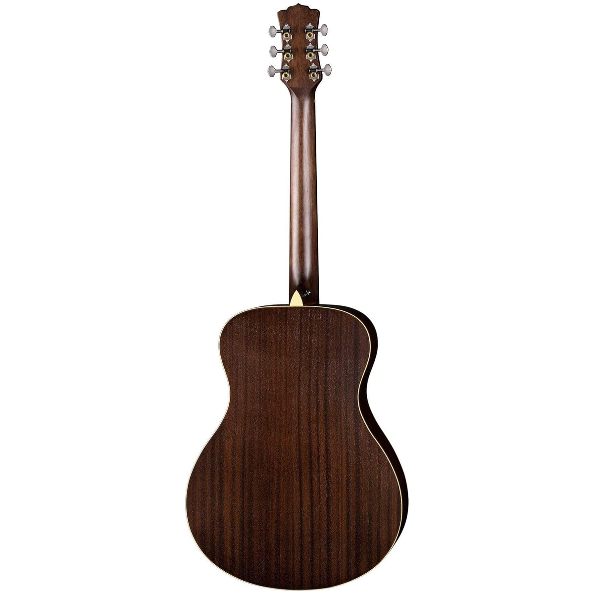 Luna Art Folk Vintage Left-Handed Acoustic Guitar, close-up of solid spruce top and mahogany body with open gear tuners and pearloid inlays.