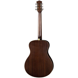 Luna Art Folk Vintage Left-Handed Acoustic Guitar, close-up of solid spruce top and mahogany body with open gear tuners and pearloid inlays.