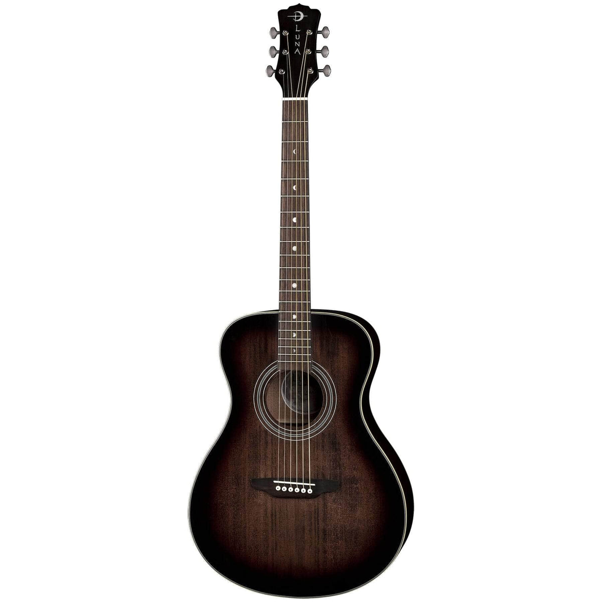 Close-up of the Luna Art Folk Vintage Left-Handed Acoustic Guitar, showcasing its solid spruce top, mahogany body, and open gear tuners.