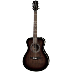 Close-up of the Luna Art Folk Vintage Left-Handed Acoustic Guitar, showcasing its solid spruce top, mahogany body, and open gear tuners.
