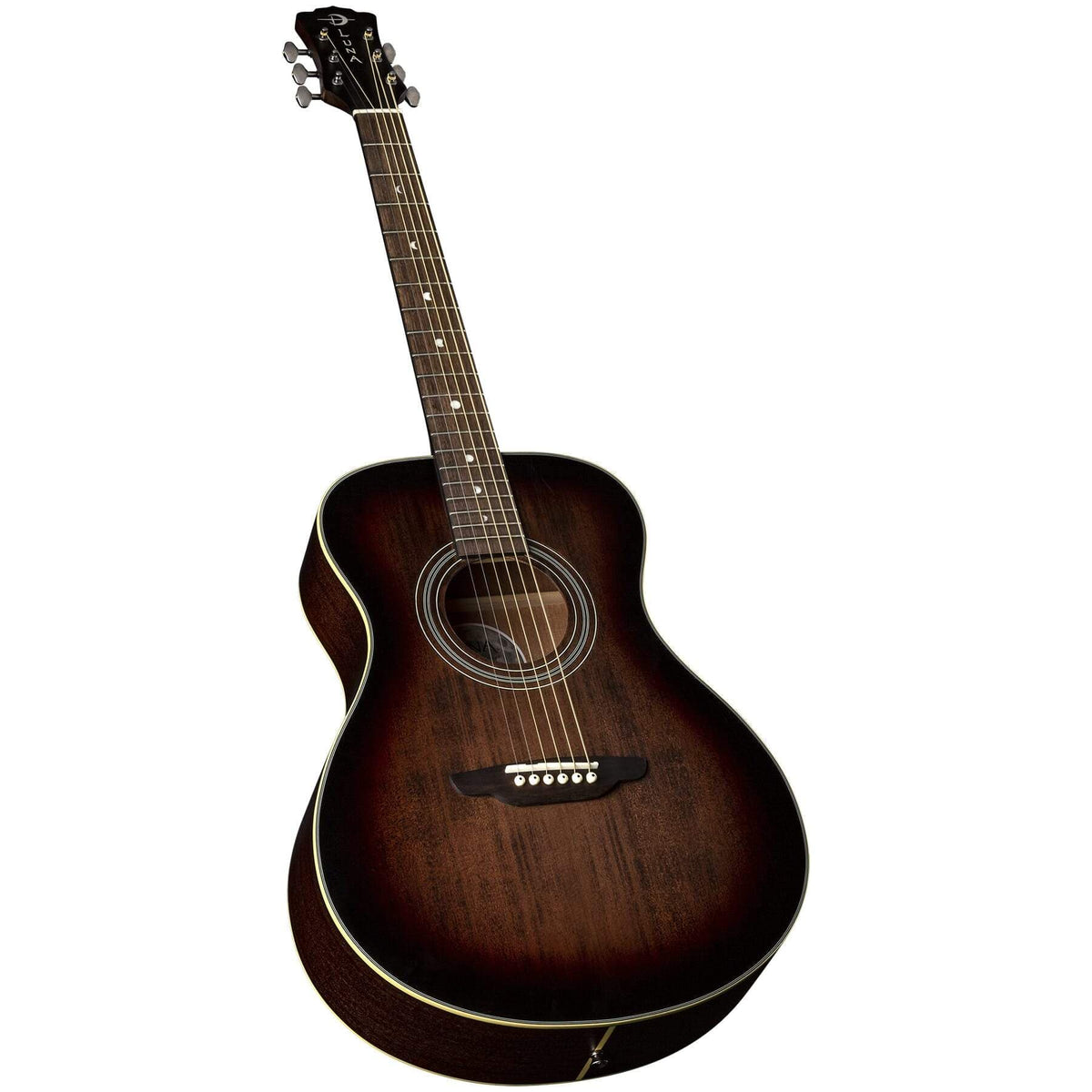 Luna Art Folk Vintage Left-Handed Acoustic Guitar with solid spruce top and mahogany body, featuring open gear tuners and pearloid moon phase inlays.