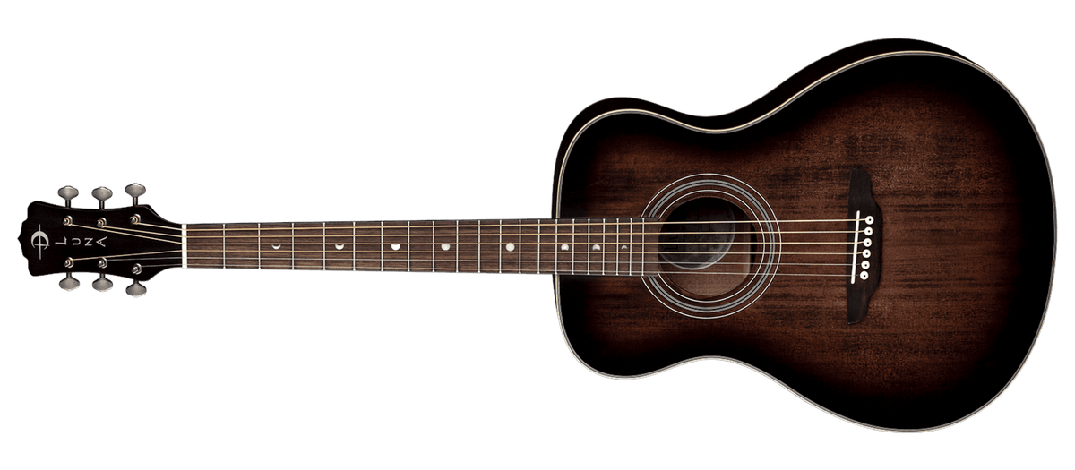 Luna Art Folk Vintage Left-Handed Acoustic Guitar with mahogany body, solid spruce top, and open gear tuners, featuring a distressed brownburst finish.