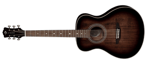 Luna Art Folk Vintage Left-Handed Acoustic Guitar with mahogany body, solid spruce top, and open gear tuners, featuring a distressed brownburst finish.