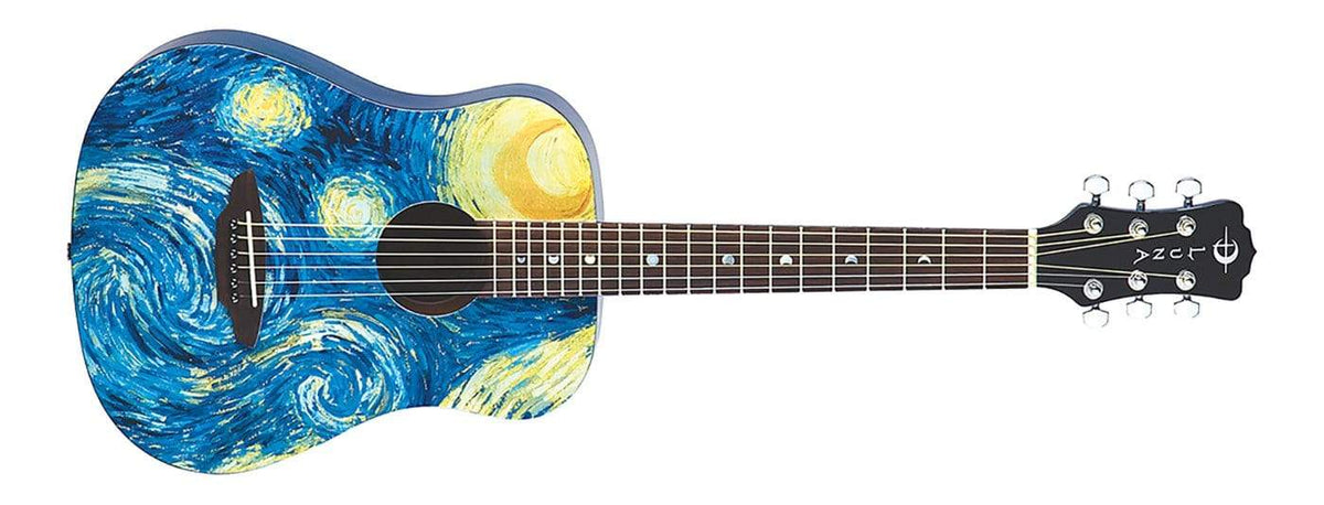Luna Safari Starry Night Travel Guitar w/Bag, featuring a Starry Night-inspired design, perfect for musicians seeking portability and eye-catching aesthetics.