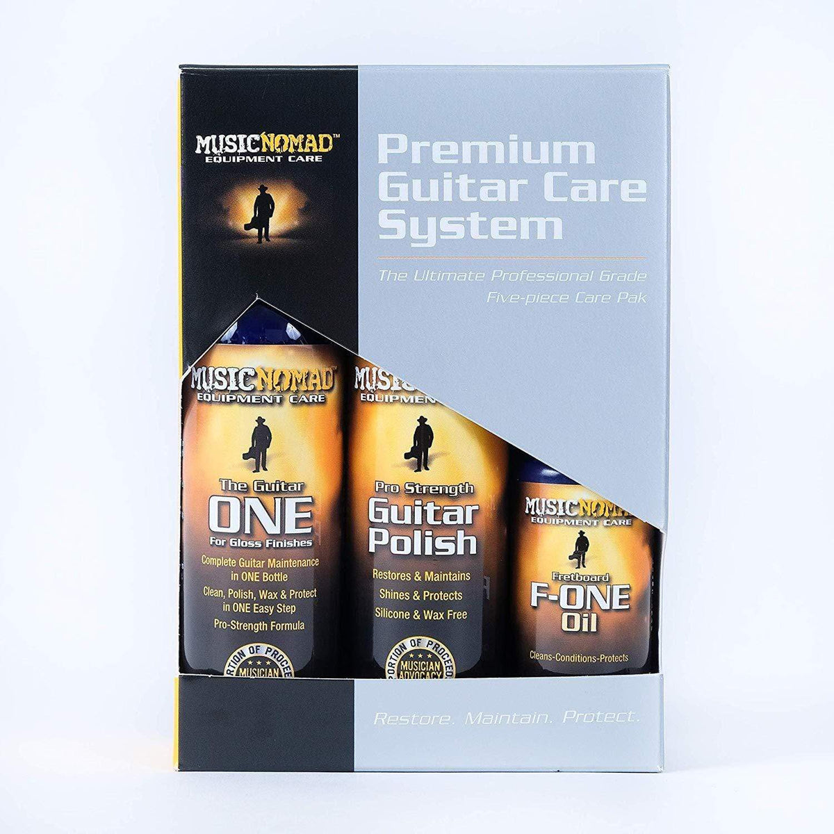 Music Nomad Premium Guitar Care System, featuring a five-piece set with bottles of polish, fretboard oil, and microfiber towels in a display box.