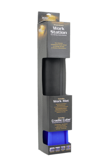 Music Nomad Premium Work Station Neck Support and Work Mat for stringed instruments, featuring a textured, anti-slip surface and adjustable neck cradle for various angles and heights.