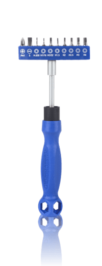 Music Nomad The Octopus 17 n' 1 Tech Tool with ergonomic black handle and multiple screwdriver and hex wrench bits.