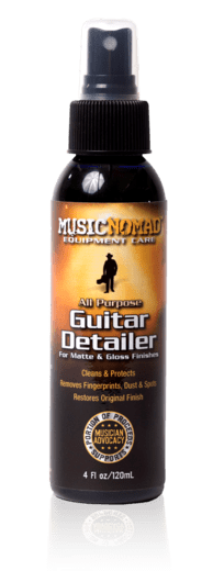 Music Nomad Guitar Detailer for Matte & Gloss Finishes, a spray bottle with a black and yellow label, designed for cleaning and enhancing guitar finishes.