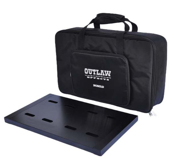 NOMAD-ISO-M rechargeable powered pedal board with deluxe carrying bag and accessories, ideal for guitarists seeking portable and outlet-free performance.
