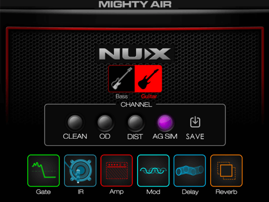 NUX Mighty Air wireless stereo modeling guitar/bass amplifier with Bluetooth connectivity and app control, featuring dual 2-inch custom speakers and TS/AC HD Modelling technology.
