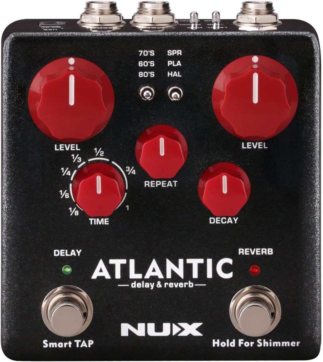 NUX Atlantic Delay & Reverb pedal with red knobs, offering vintage to modern delay and reverb effects for enhanced musical creativity.