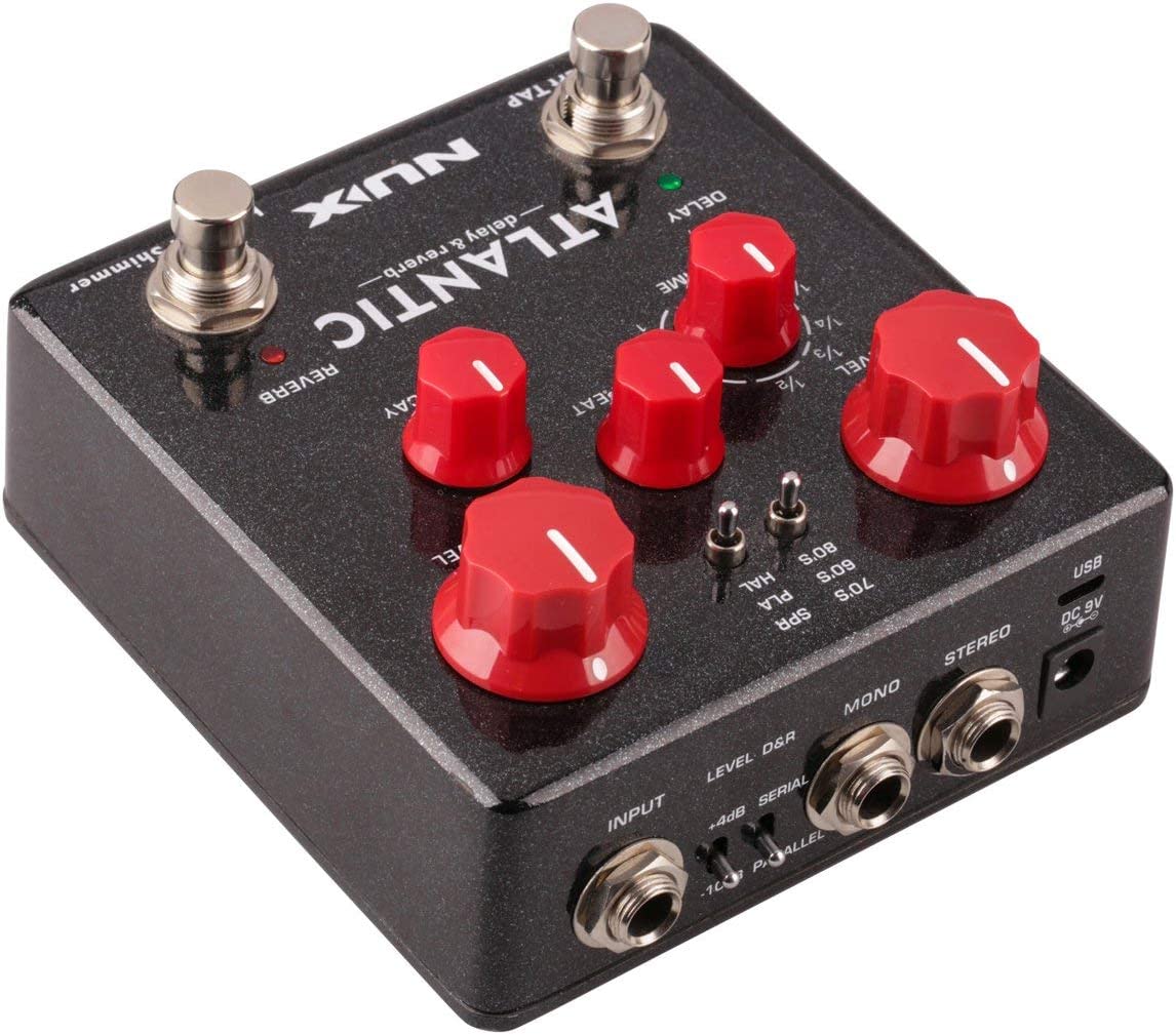 NUX Atlantic Delay & Reverb pedal with black casing, featuring red knobs and buttons for various delay and reverb effects.