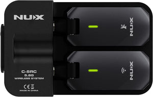 NUX C-5RC Wireless Bluetooth Guitar System with green indicator lights and buttons, ideal for various guitars and includes a portable power case.