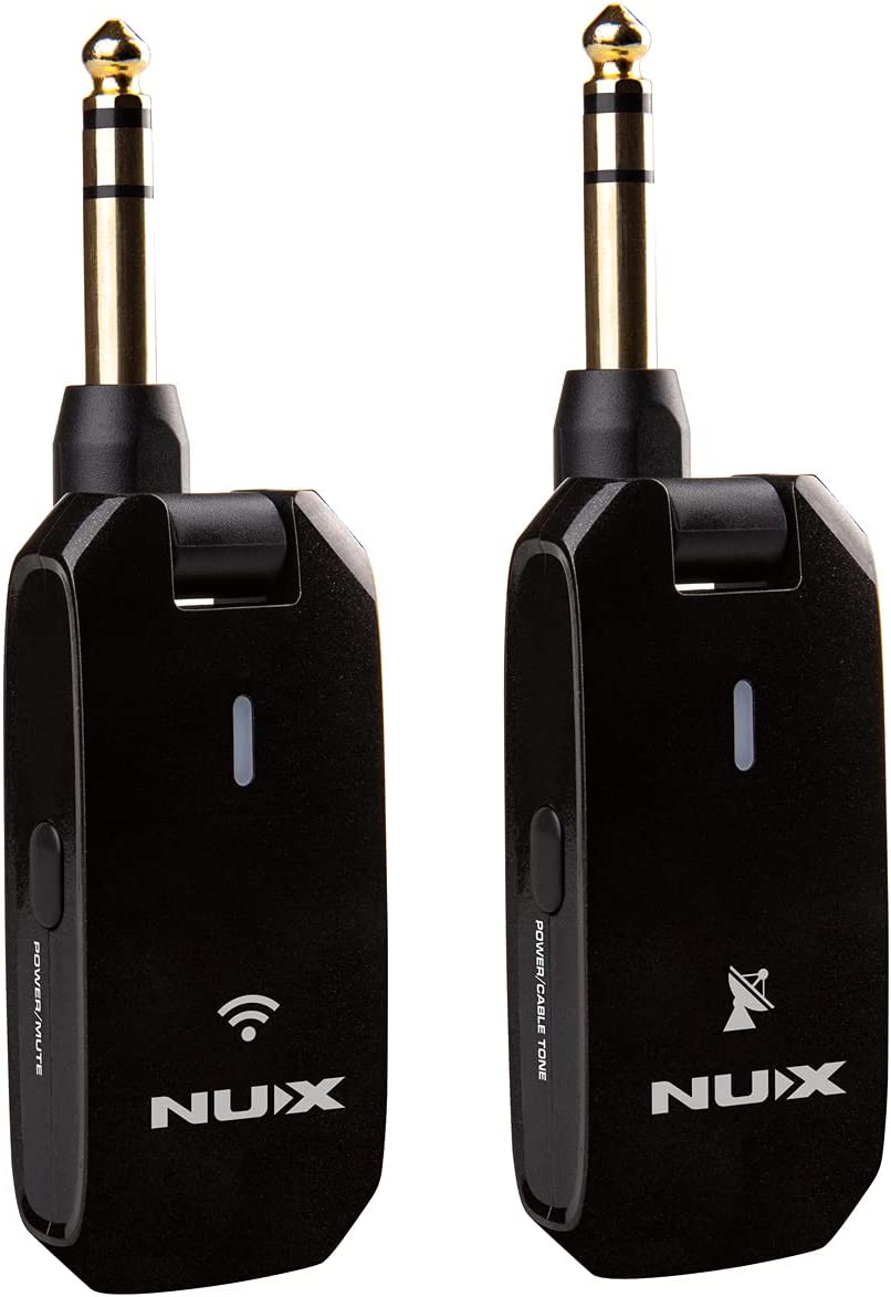 NUX C-5RC Wireless Bluetooth Guitar System with two black rectangular devices, one featuring a button and the other a white logo, plus a portable Power Case.