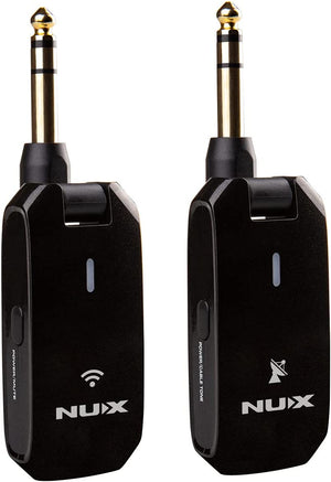 NUX C-5RC Wireless Bluetooth Guitar System with two black rectangular devices, one featuring a button and the other a white logo, plus a portable Power Case.