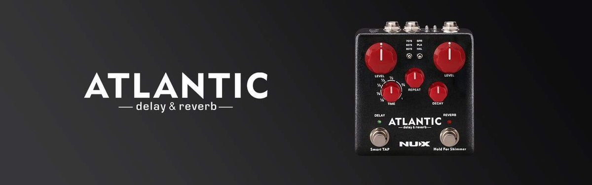 NUX Atlantic Delay & Reverb pedal with red buttons, knobs, and dials for various delay and reverb effects.