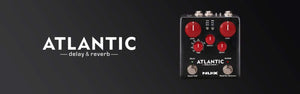 NUX Atlantic Delay & Reverb pedal with red buttons, knobs, and dials for various delay and reverb effects.