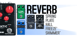 NUX Atlantic Delay & Reverb pedal featuring multiple knobs and buttons for various delay and reverb effects, close-up view of the device.