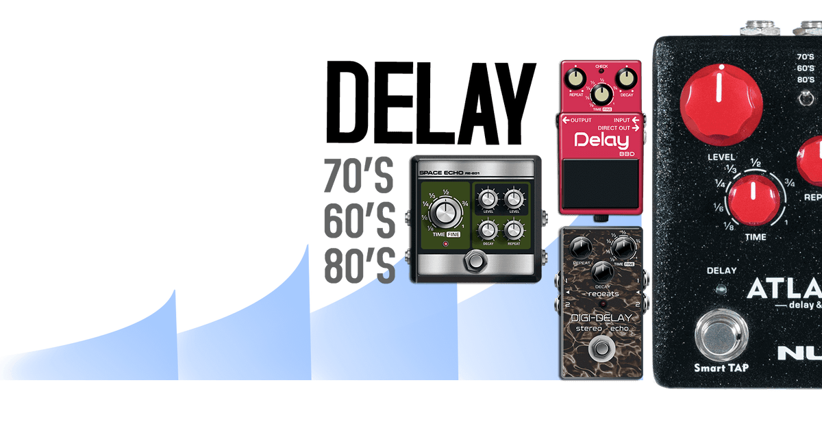 NUX Atlantic Delay & Reverb pedal, featuring multiple delay and reverb types with advanced Smart TAP function for precise tempo control.