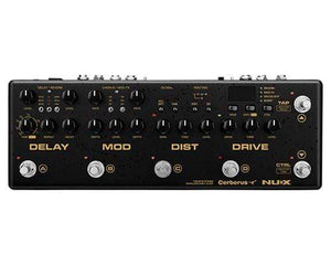 NUX Cerberus Analog Overdrive Distortion Digital Delay Modulation Effects Pedal with dials and buttons for versatile guitar effects.