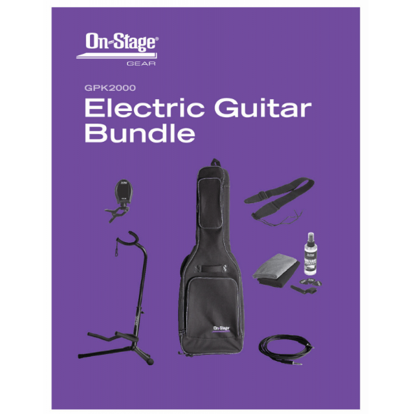 On-Stage GPK2000 Electric Guitar Accessory Bundle including a guitar case, stand, strap, tuner, care kit, and instrument cable.